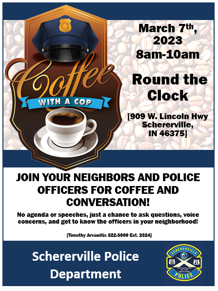 COffee With A Cop ad. Has a police mans hat with a cup of coffee. Also includes the same text as the event posting