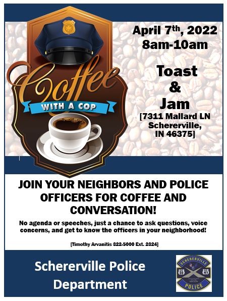 Coffee With A Cop Event photo. Image of a police hat with a cup of coffee and the text that is on the event posting