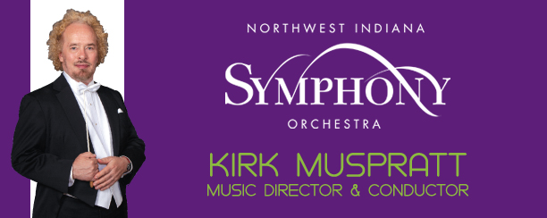 Northwest Indiana Symphony conductor on a purple background that says Norhtwest Indiana Symphony