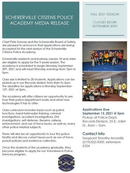 Flyer for the Schererville Citizens Police Academy. Same information conveyed in the event posting. Has two additional images; one is enrollees in a classroom setting and another is students in a self defense training