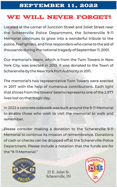 9/11 Memorial Event Flyer. Contains details of the event with the World Trade Center beam at the Schererville 911 memorial site in the background. Flyer also has EMS logos on it.