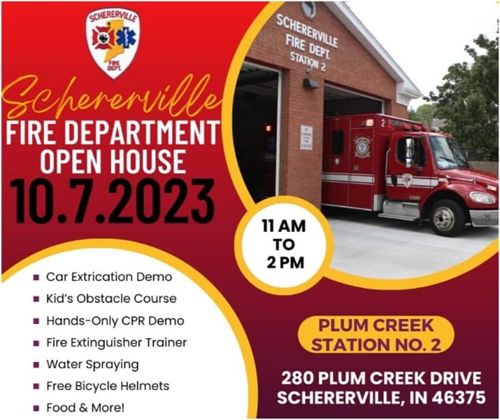 Fire Department Open House October 7 2023 11am - 2pm and other event details as listed in post.. Features fire truck pulling out of station.