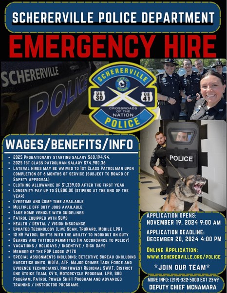 Police Emergency Hire Poster. Contains information posted in this article along with pictures of Police Officers, Police Vehicles, and a Police K9.