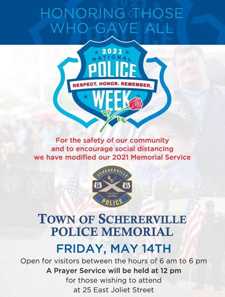 Schererville Police Department Memorial Service Flyer: Service takes place at the PD on May 14th 6am - 6pm