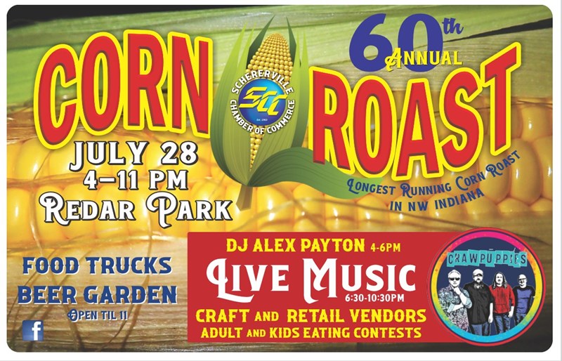 Corn Roast Advertisement. States the details of the event with a large ear of corn alongside the wording